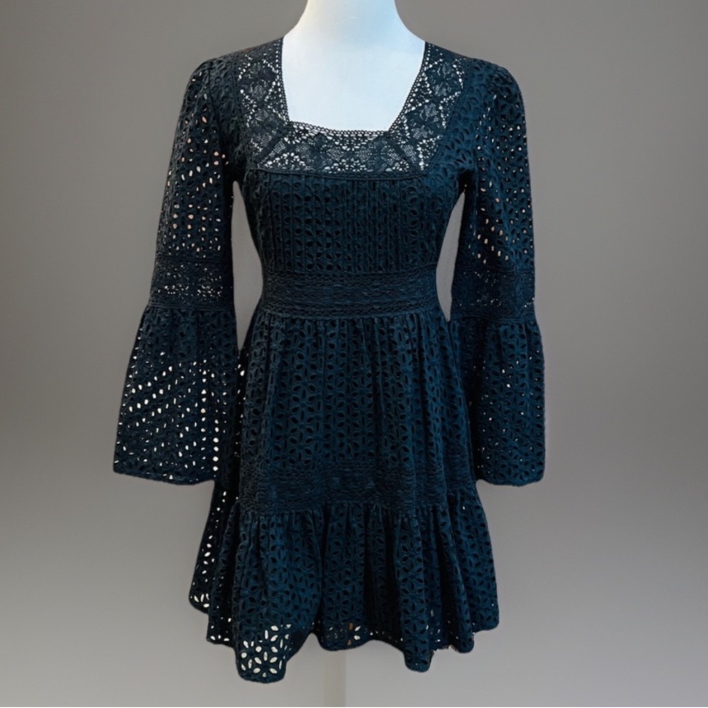 Black flared Empire Waist Eyelet Mini Dress
